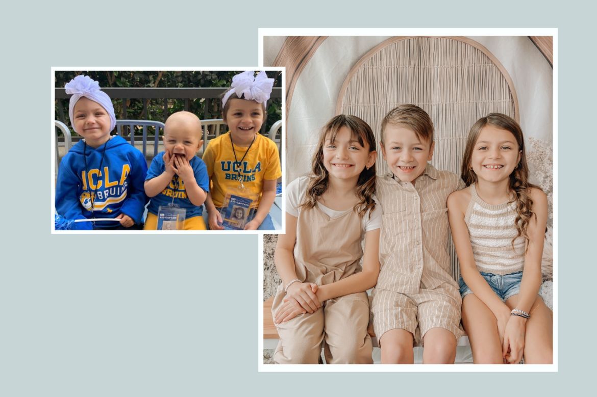 Collage of Olivia, Landon and Ava Langenhop as patients and in tan outifts present day