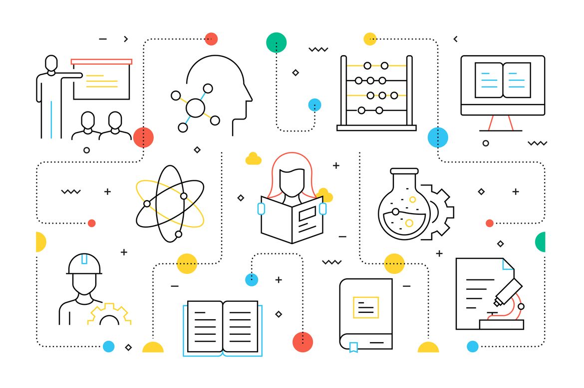 A colorful line-art illustration featuring icons representing education and learning, including a classroom, an atom, an abacus, books, a science flask, a microscope, and a student reading.