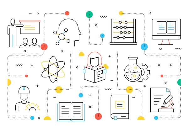 A colorful line-art illustration featuring icons representing education and learning, including a classroom, an atom, an abacus, books, a science flask, a microscope, and a student reading.