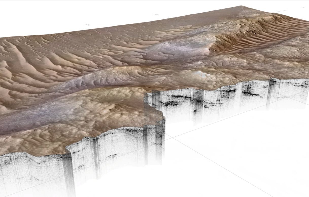 A 3D rendering shows a cross-section of the Margin unit within Mars' Jezero crater, more than 35 meters below ground, revealing subsurface layers that indicate an earlier deltaic environment detected by the RIMFAX radar instrument.