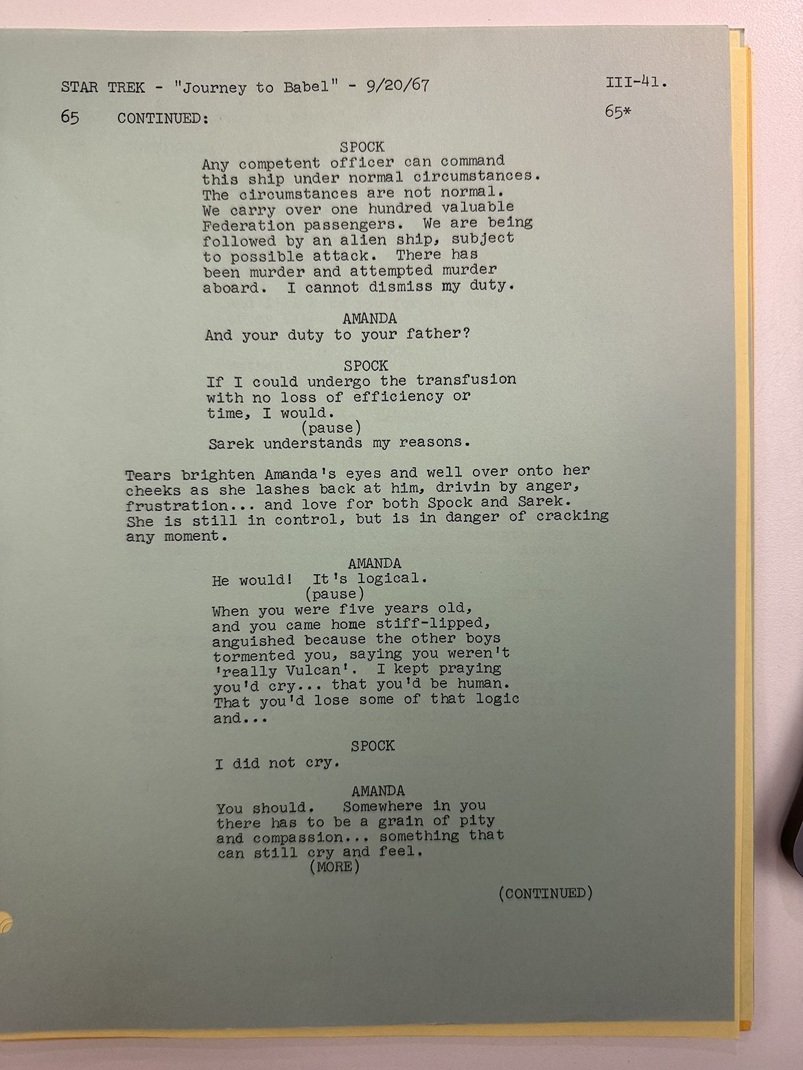An original typewritten script page from the "Star Trek" episode "Journey to Babel," dated September 20, 1967, featuring a scene between characters Spock and Amanda, held at UCLA Library Special Collections.