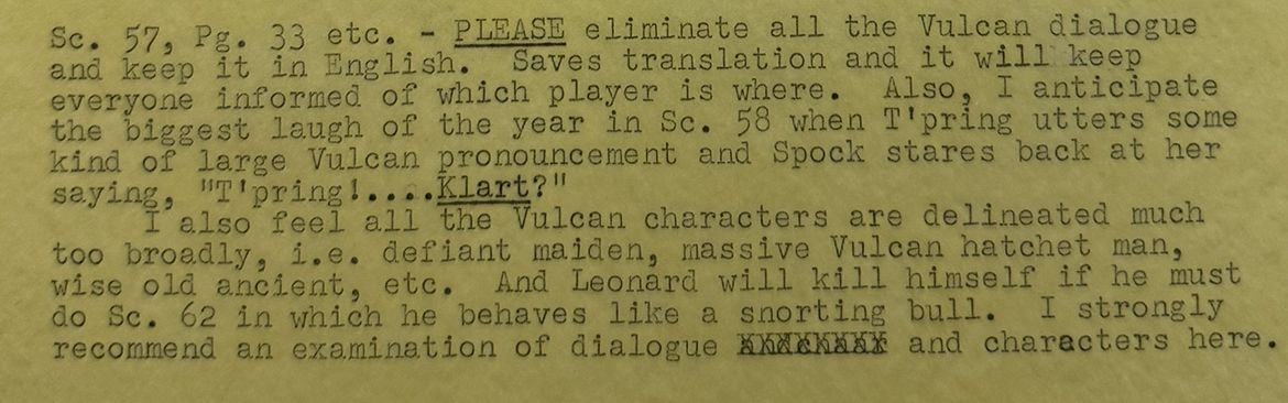 A typewritten production note from a "Star Trek" script requests the elimination of Vulcan dialogue and critiques the characterization of Vulcan characters, held at UCLA Library Special Collections.