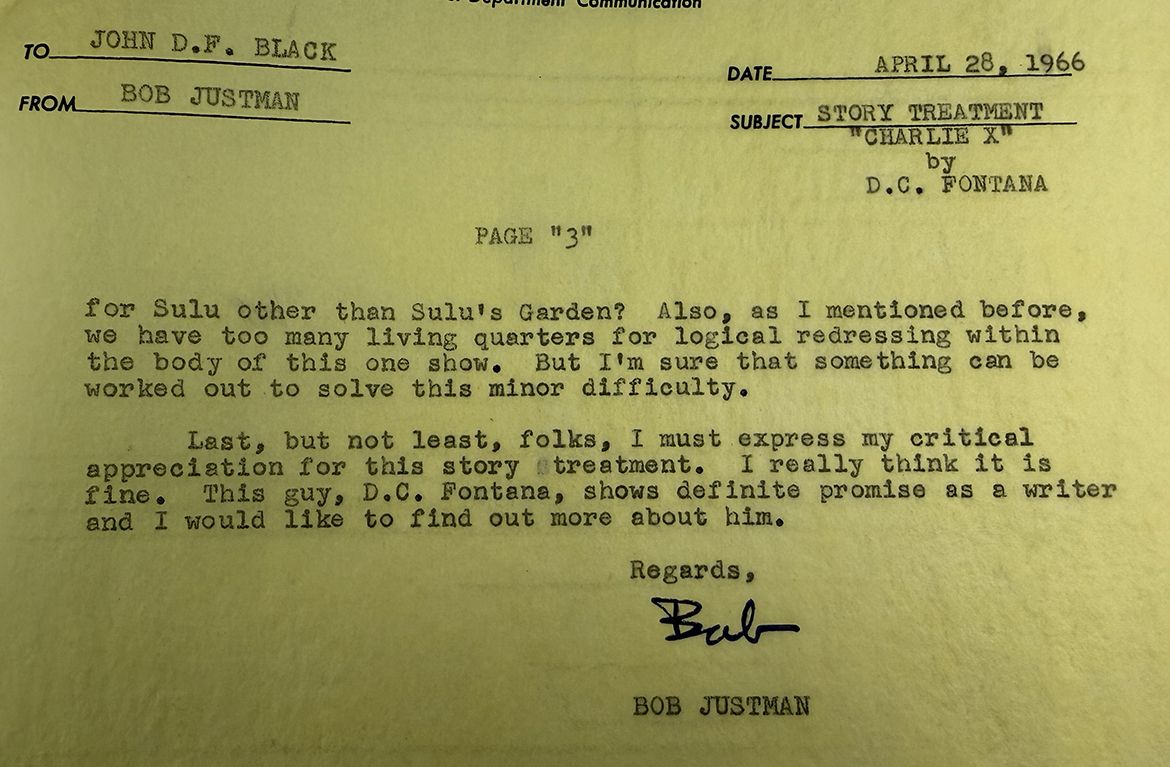 A 1966 internal memo from "Star Trek" producer Bob Justman to story editor John D.F. Black praises D.C. Fontana's story treatment for the episode "Charlie X," noting she "shows definite promise as a writer."
