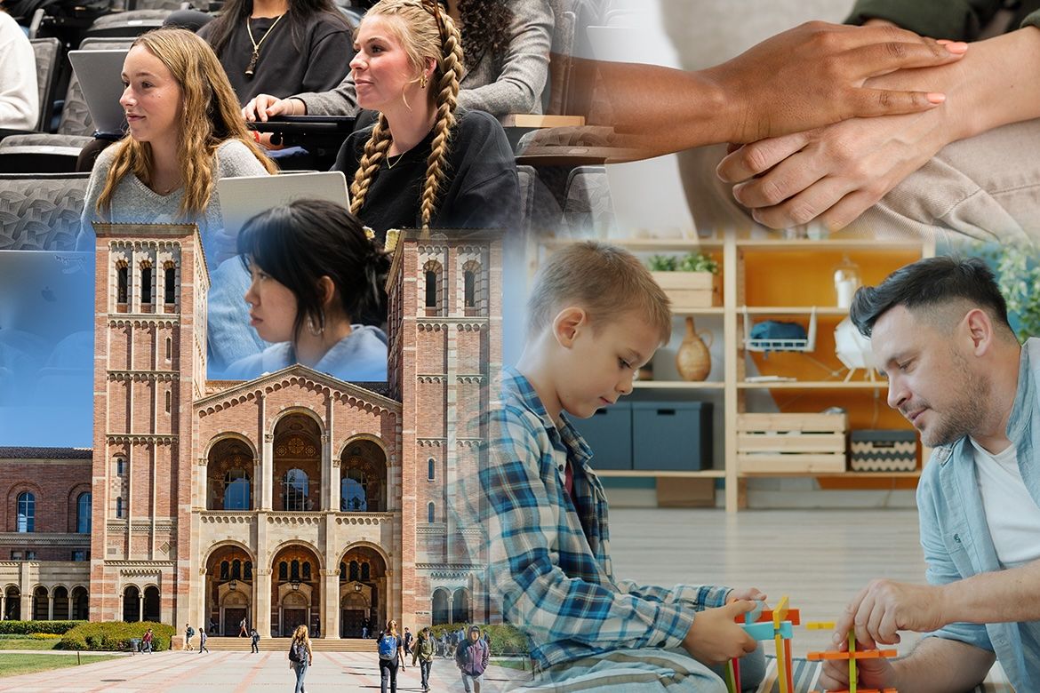 A collage of UCLA scenes including students in a lecture hall, Royce Hall, a student in thought, clasped hands, and a child and adult working together.