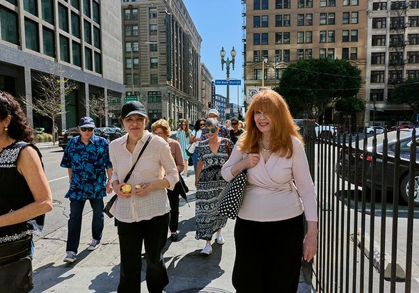 Eleanor Schrader guiding a tour from UCLA Downtown