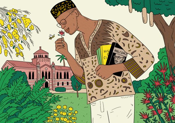 Animated illustration of a young Kareem Abdul-Jabbar smelling a flower with Royce Hall in the background