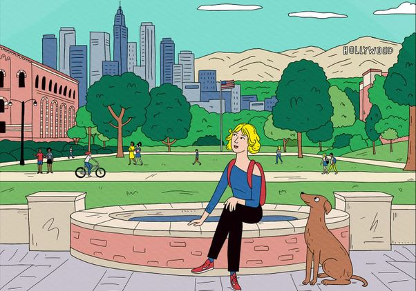 Illustration of a young Janet Reilly sitting on a fountain with a dog next to her and UCLA campus, cityscape and Hollywood sign in background