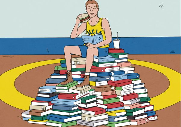 Animated illustration of a young Meyer Luskin sitting on a pile of books while eating a burger and reading
