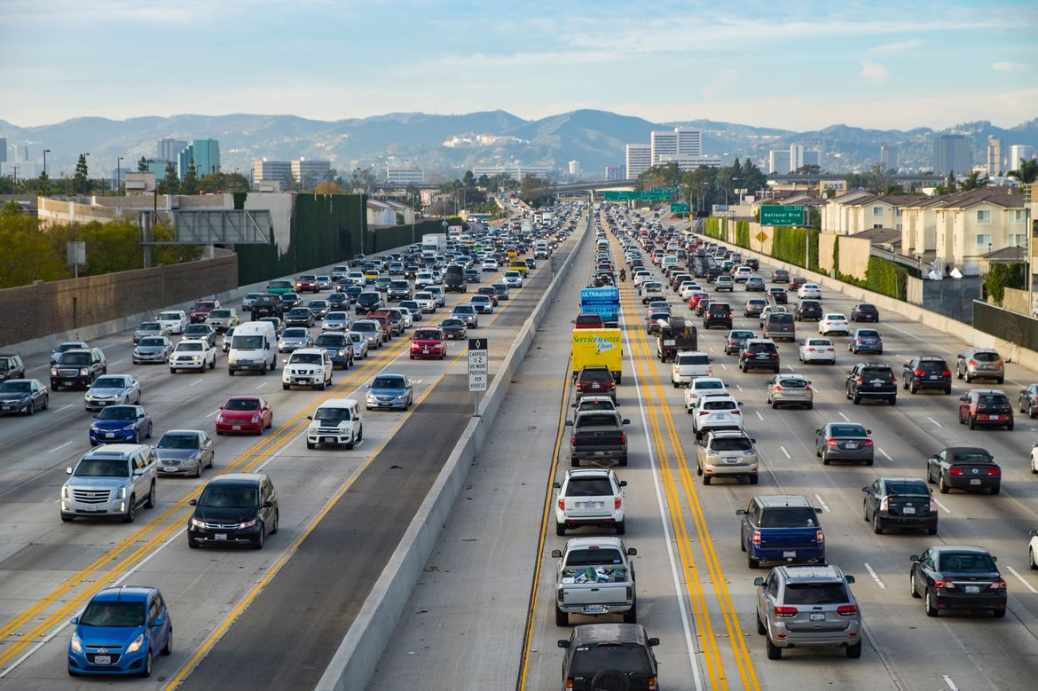 Cars stuck in traffic on a freeway in Los Angeles