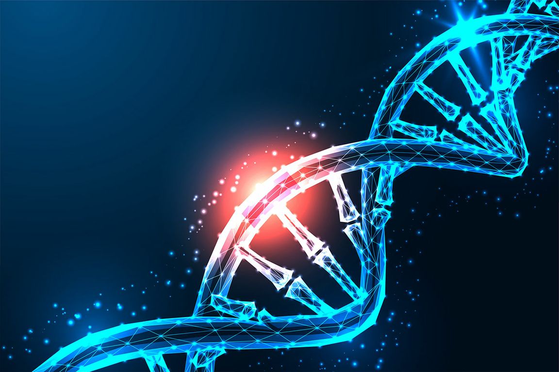 A glowing wireframe DNA double helix rendered in cyan blue against a dark navy background, with a red mutation point highlighted mid-strand, surrounded by scattered light particles — symbolizing genetic mutation or gene editing.