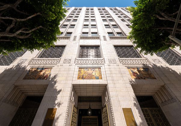 A low-angle view of the building that houses UCLA Downtown
