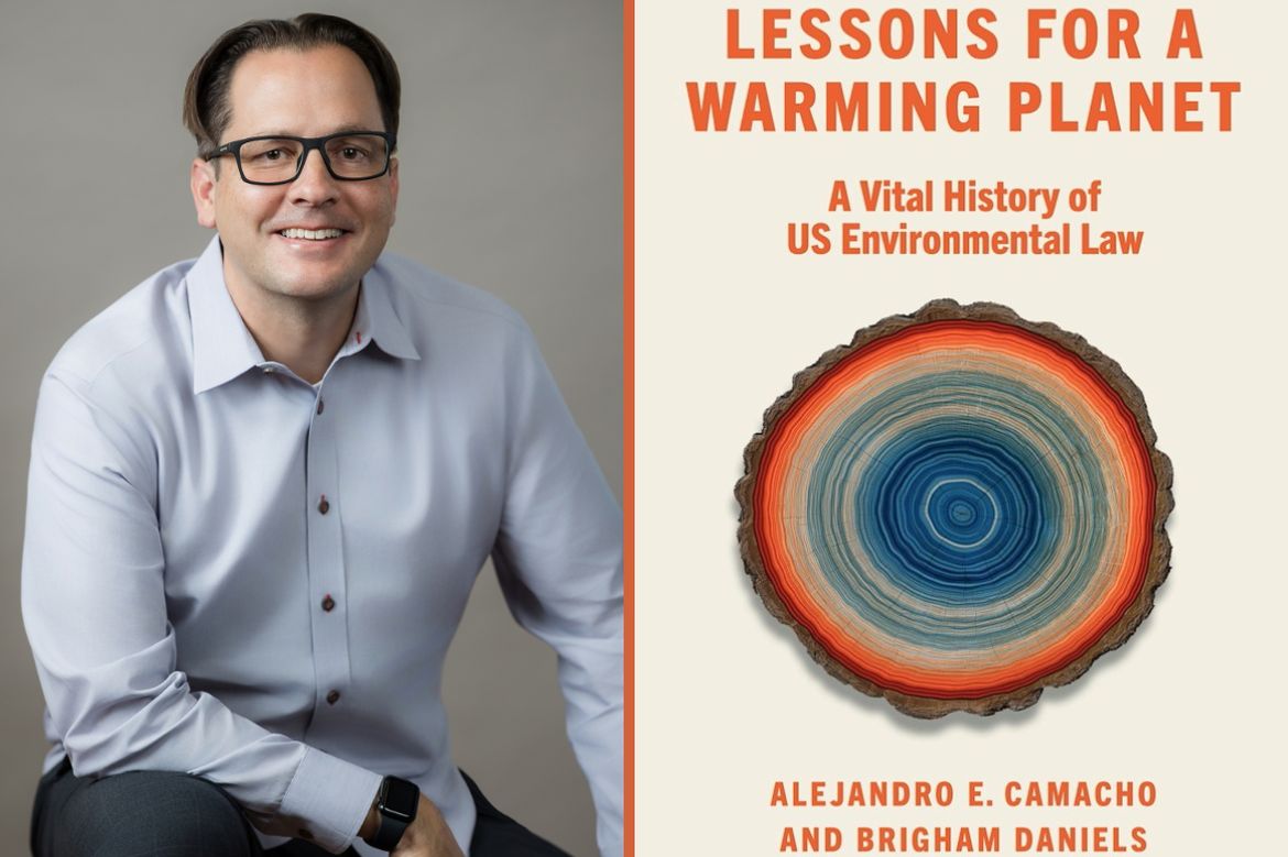 Split image with Alejandro Camacho sitting with arm on knee against gray background and book cover with brown, orange and blue tree rings