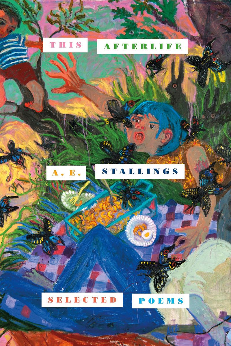 Vibrant, chaotic painting of a picnic swarmed by black butterflies; figures with blue hair and expressive faces react amidst food.
