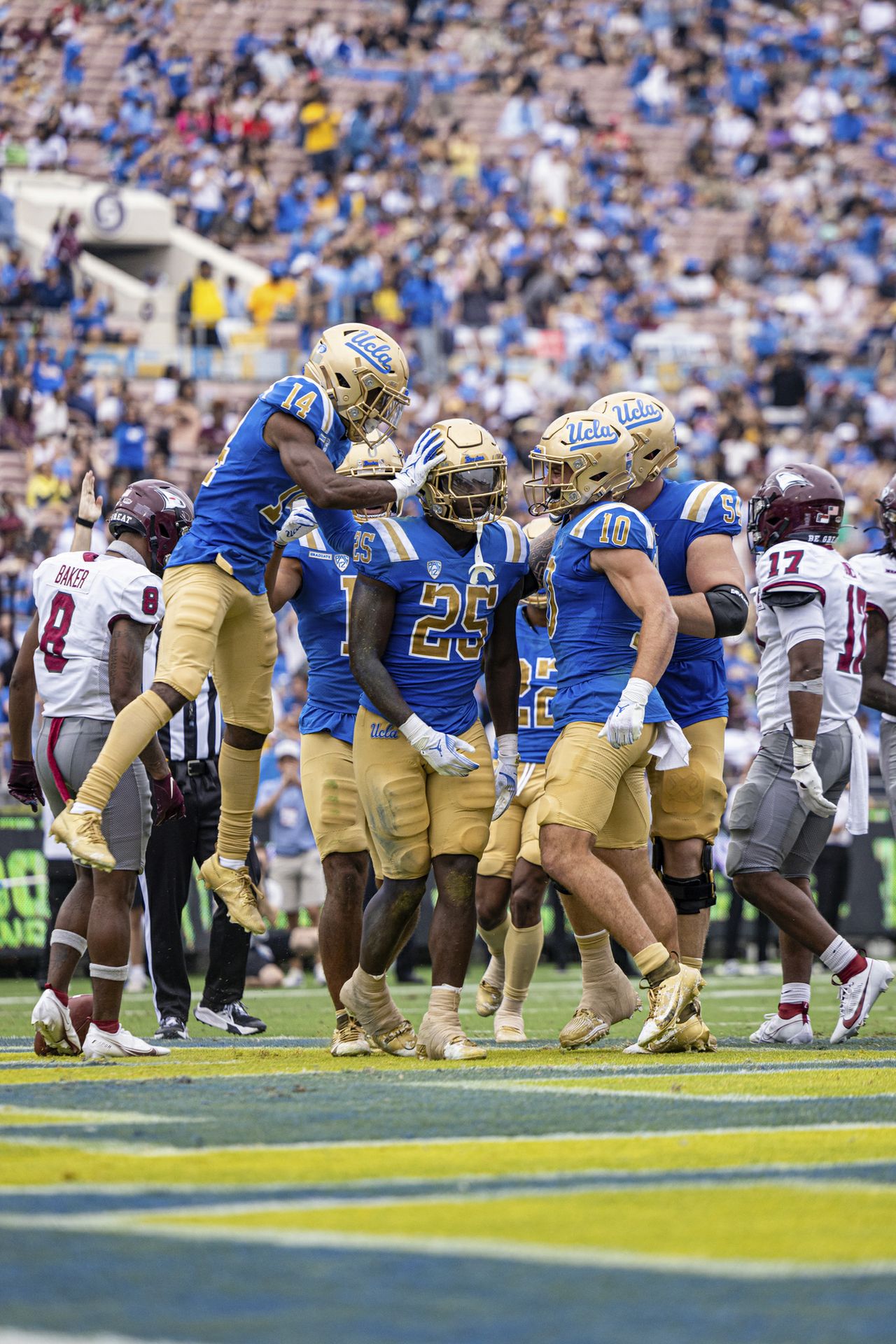 Midrange shot of UCLA Bruins football players celebrating on the field