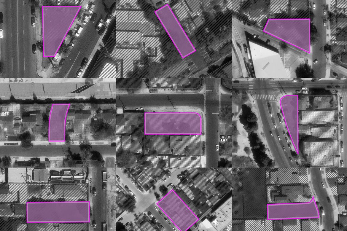 Aerial view with solid pink squares outlining nine representative parcels of land on city streets