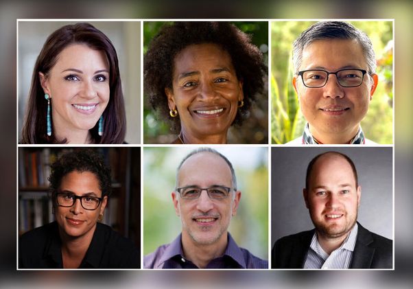 A composite portrait of six individuals, clockwise from left: Angela Riley, Marilyn Raphael, Stephen Acabado, Alexander Spokoyny, Martin Gilens and Kelly Lytle Hernández.