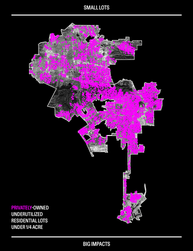 Graphic map of the city of Los Angeles that shows thousands of privately owned lots as pink dots.