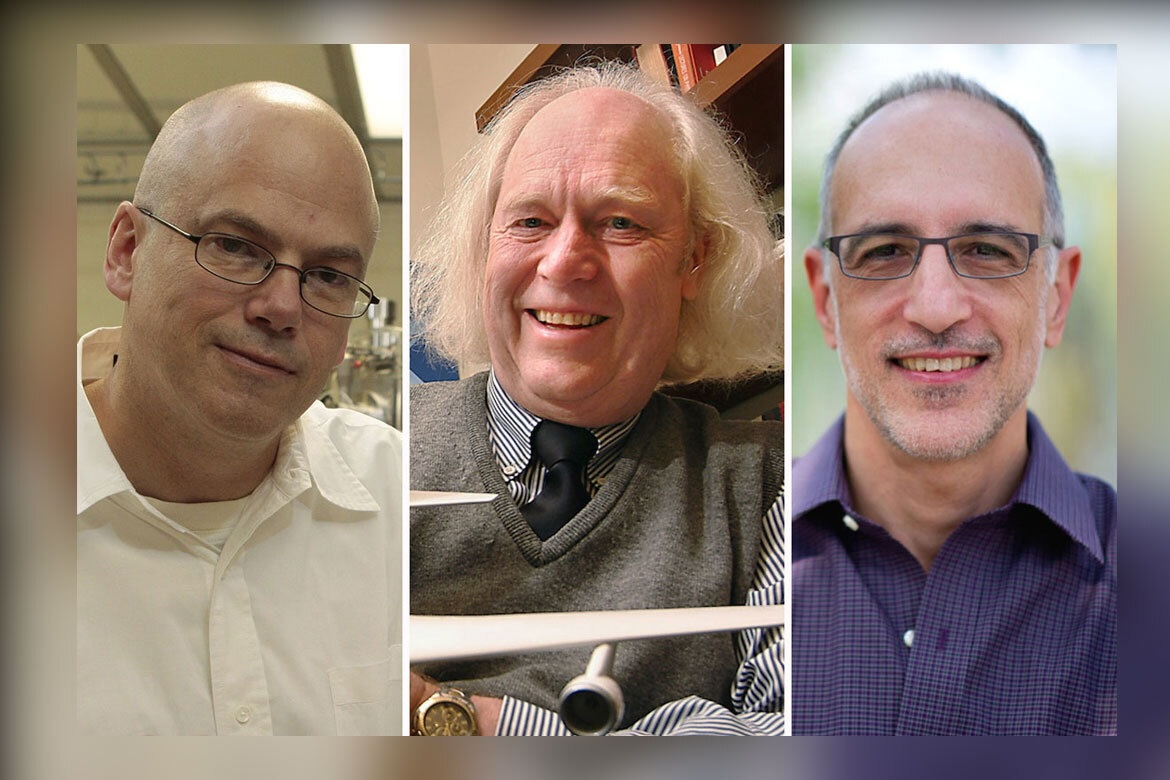 Photo collage featuring close shots of (from left) UCLA professors Craig manning (in white collared shirt); Eric Becklin (in gray cardigan, with model airplane) and Martin Gilens (in purple collared shirt).