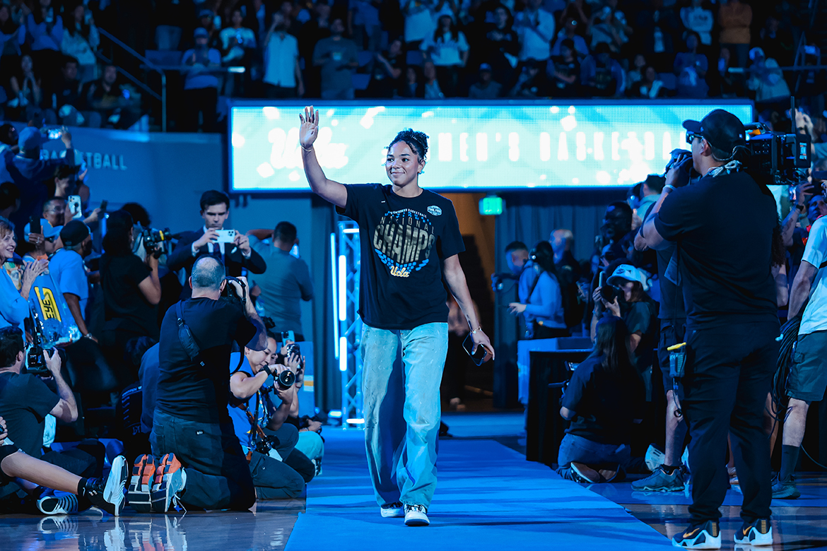 Kiki Rice enters Pauley Pavilion for the NCAA National Championship celebration at UCLA, April 8, 2026