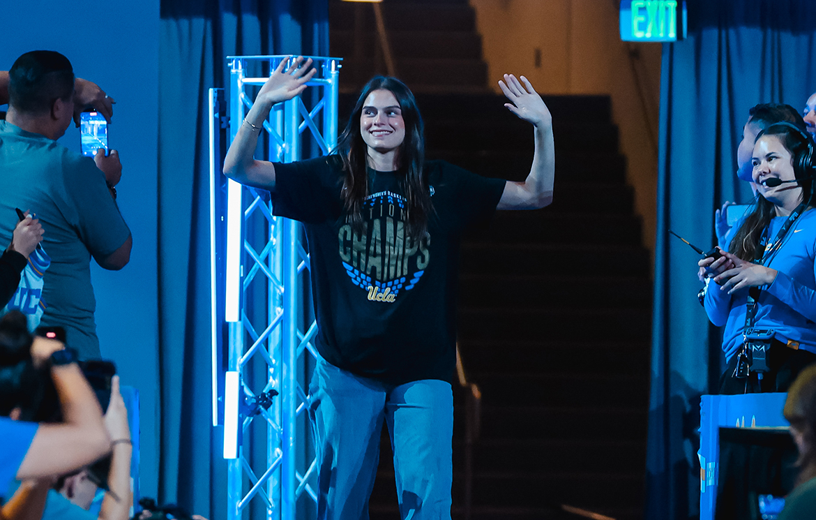 Gabriella Jaquez enters Pauley Pavilion for the NCAA National Championship celebration at UCLA, April 8, 2026