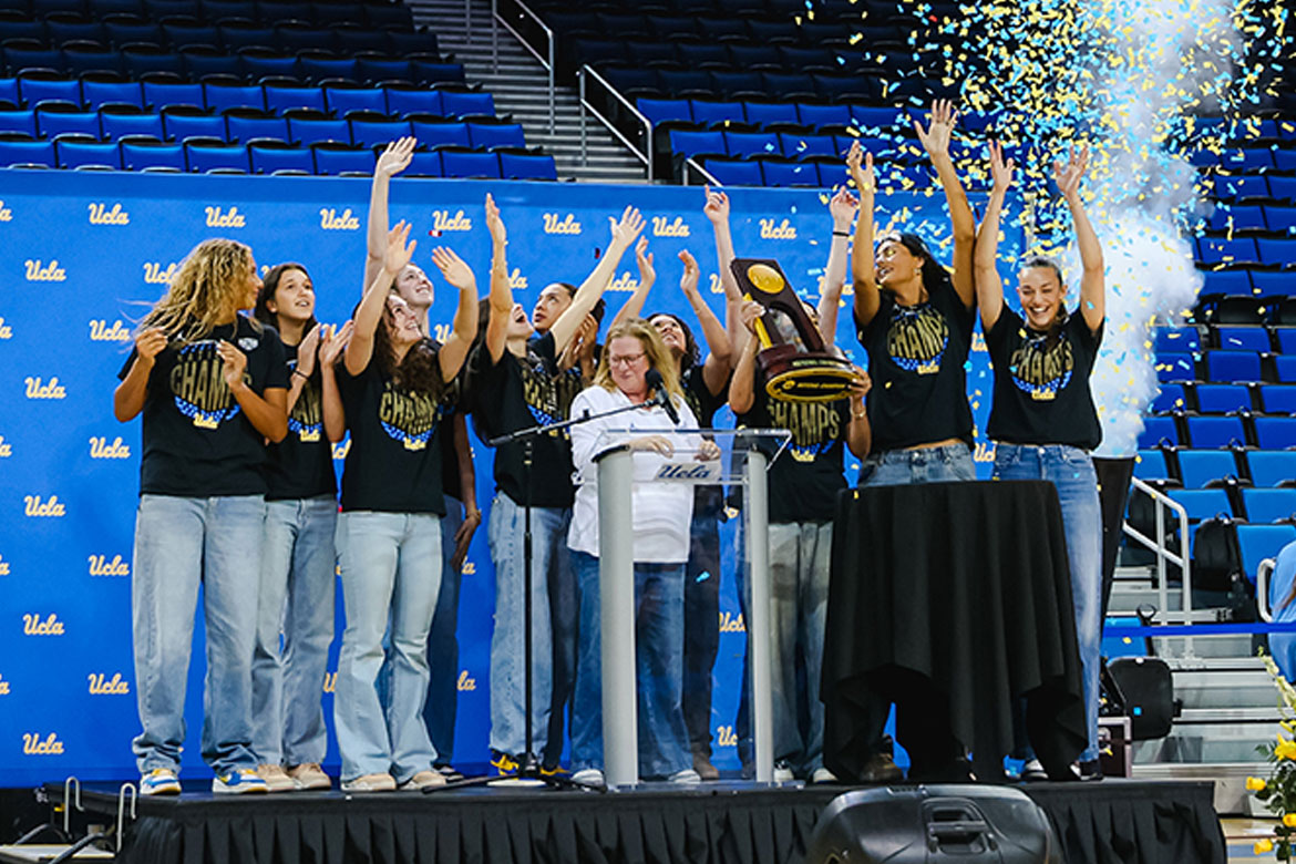 The UCLA women's basketball team at Pauley Pavilion for the NCAA National Championship celebration at UCLA, April 8, 2026.