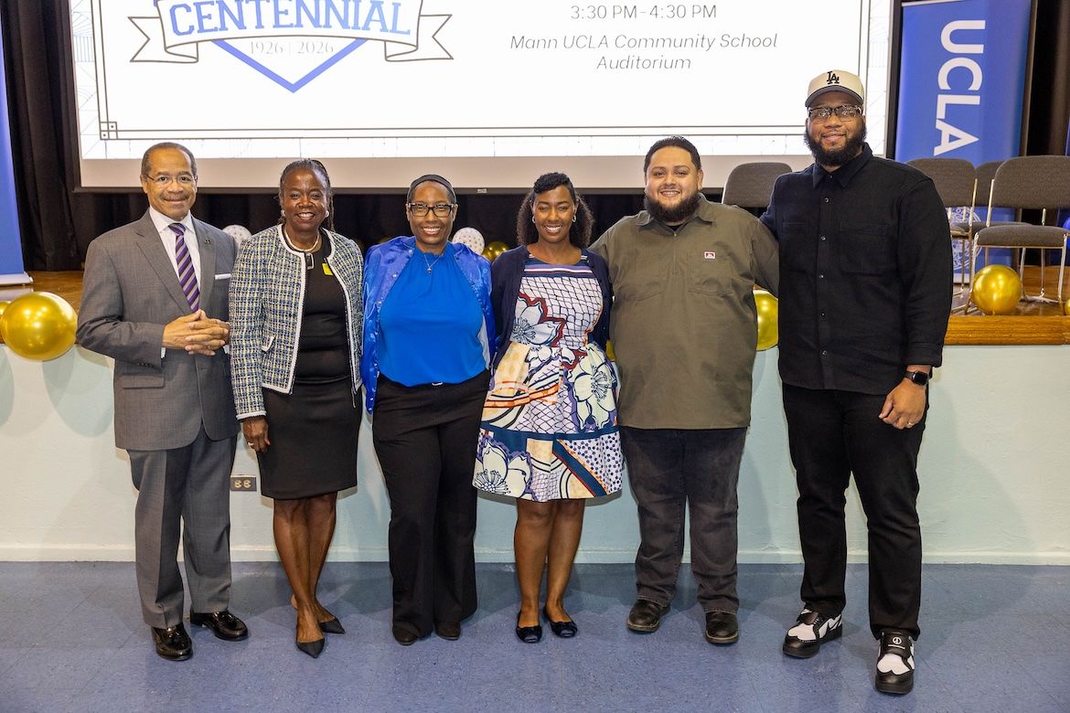 A panel of Mann alumni from across the years features six alumni standing side by side with “Centennial” banner in the background. 