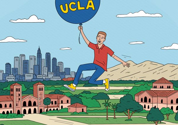 Scott Galloway floating upward over campus on a UCLA balloon