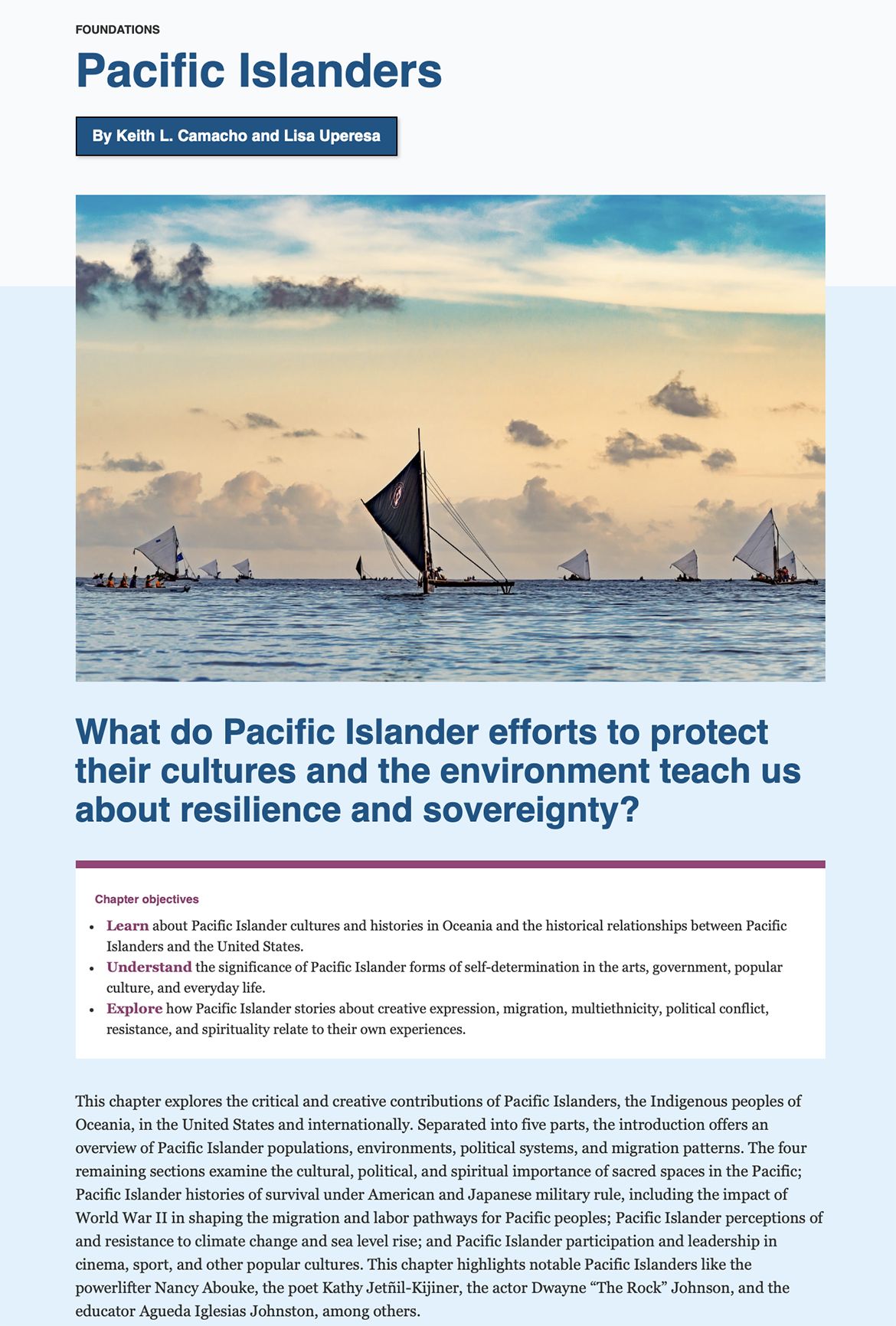 Screenshot of an educational module page titled "Pacific Islanders" by Keith L. Camacho and Lisa Uperesa. A photo shows traditional sailing canoes on a calm ocean at sunset. Below, a bold guiding question asks what Pacific Islander efforts to protect culture and environment teach about resilience and sovereignty. A chapter objectives box and introductory paragraph outline the module's five-part structure covering history, sacred spaces, military rule, climate change, and popular culture.