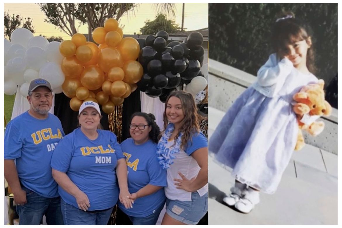 Composite image shows  father Martin, mother Grizel, sister Anissa and Allana Martinez, and at right, Allana Martinez on her adoption day, holding orange “court bear” 