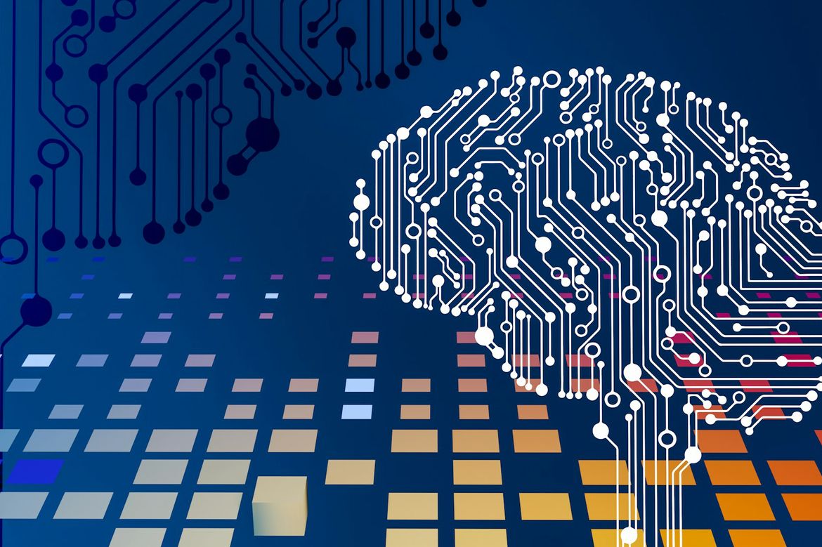 An abstract digital illustration depicts a human brain formed from white circuit-like lines and nodes against a blue background with colorful geometric squares and electronic pathways.