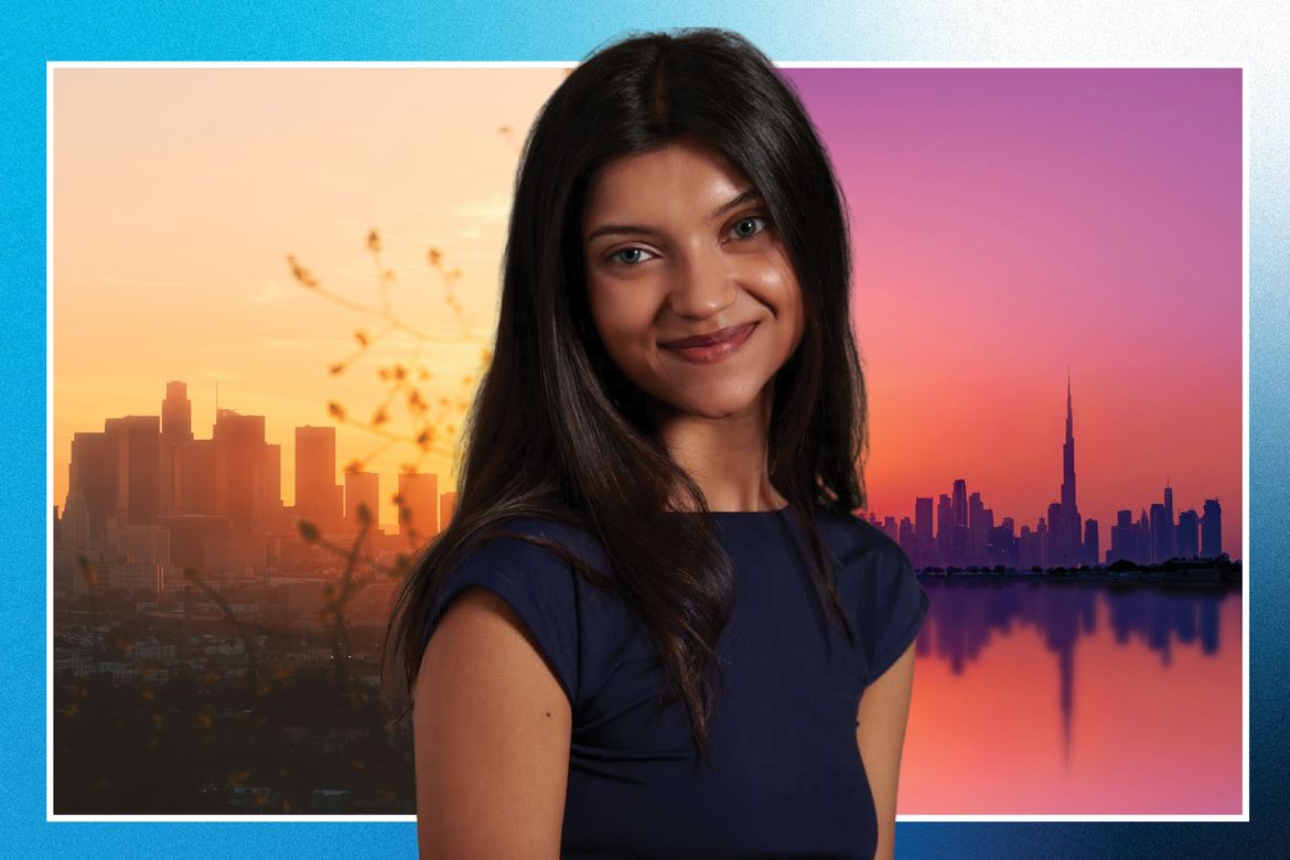 Composite image centers student Keya Tanna in navy top in front of split-shot city silhouettes of Los Angeles with a golden sky and Dubai with pinkish-orange sky reflected in water