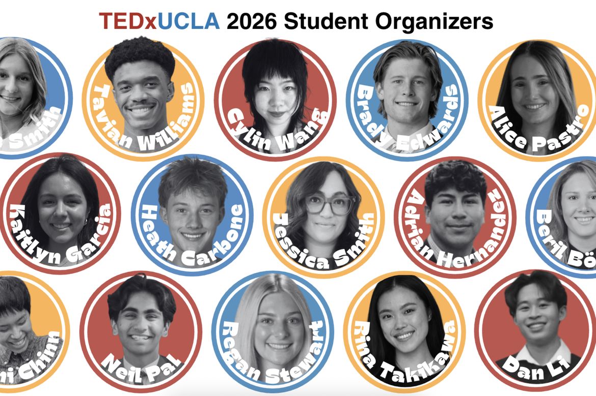 Collage of UCLA students selected as TEDxUCLA 2026 organizers, shown in circular portrait frames with colorful backgrounds and their names displayed alongside the TEDxUCLA logo.