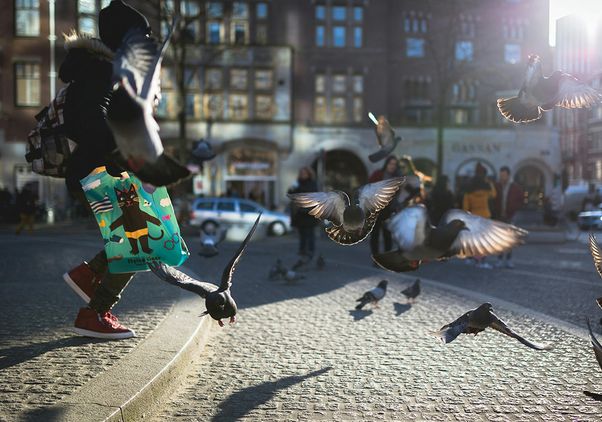 A person wearing red sneakers and carrying a colorful tote bag with a cat illustration runs through a sunlit cobblestone city square, scattering a flock of pigeons into flight. Several birds are captured mid-air with wings spread.