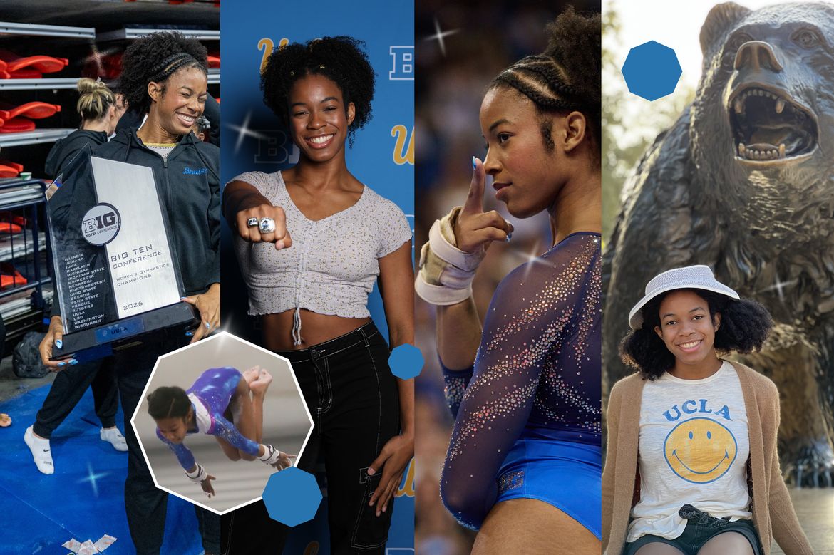 Collage of gymnast Madisyn Anyimi celebrating championships, posing with rings, competing in a sparkling blue leotard, and smiling while wearing UCLA apparel beside a large bear statue.