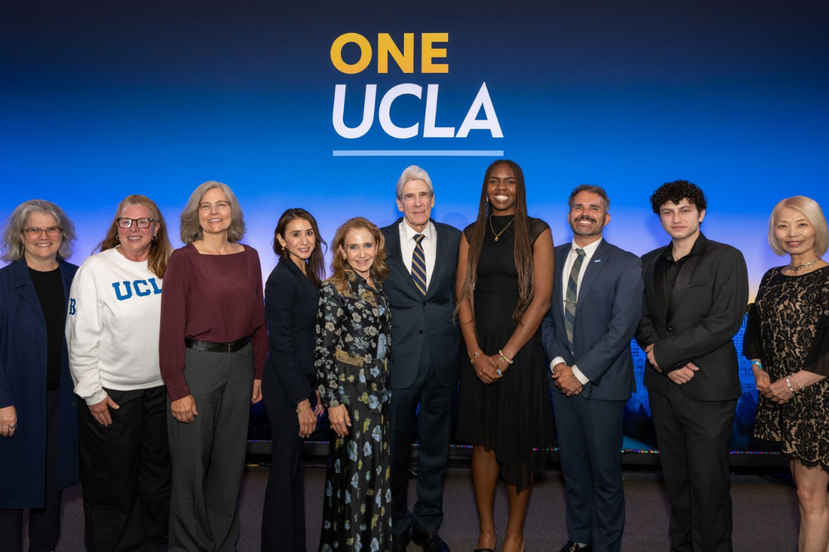 Andrea Ghez, Cori Close, Megan McEvoy, Adriana Galván, Felicia Knaul, Julio Frenk, Naomi Hammonds, Michael McCormack-Colón, August Maturo, Mayu Sasame against blue One UCLA campus backdrop