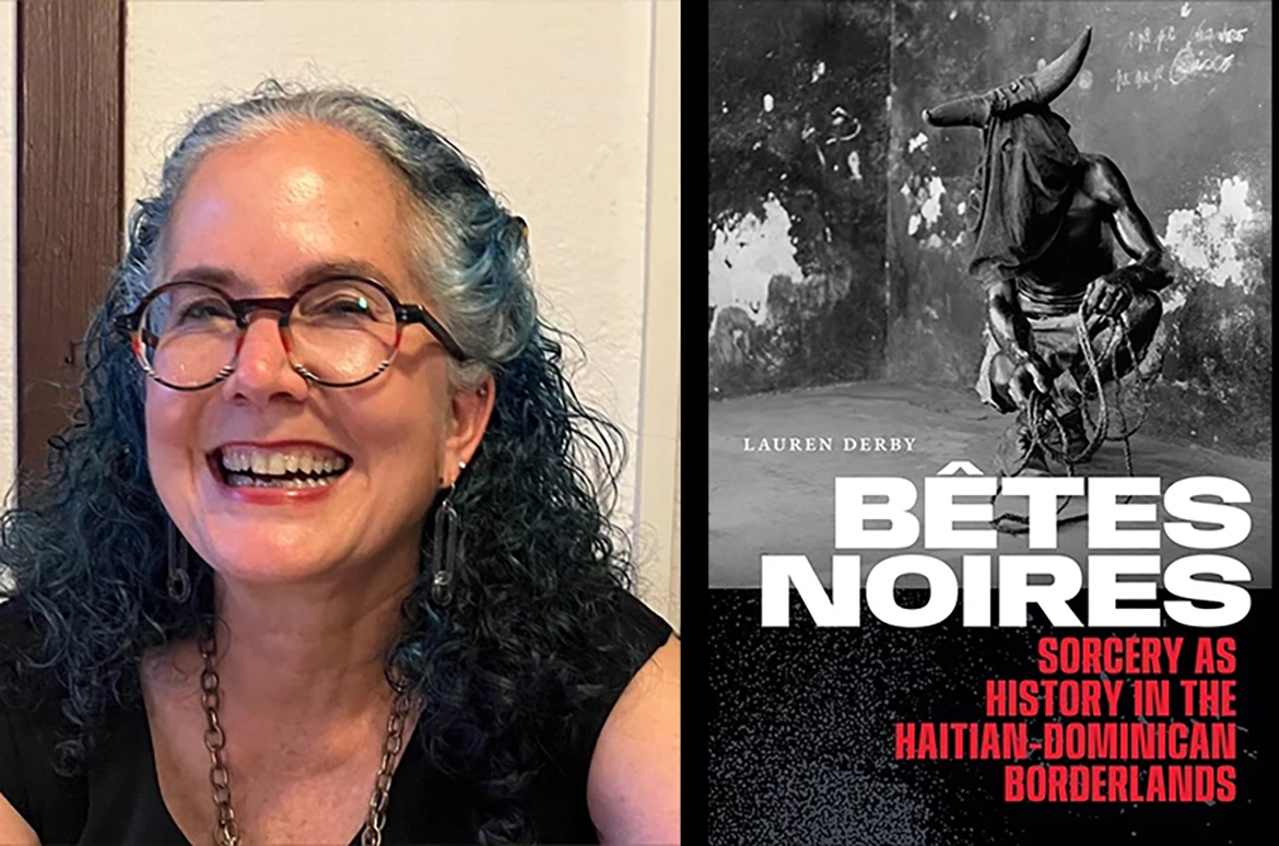 Composite of Robin Derby, in black top and glasses, and "Bêtes Noires" book cover