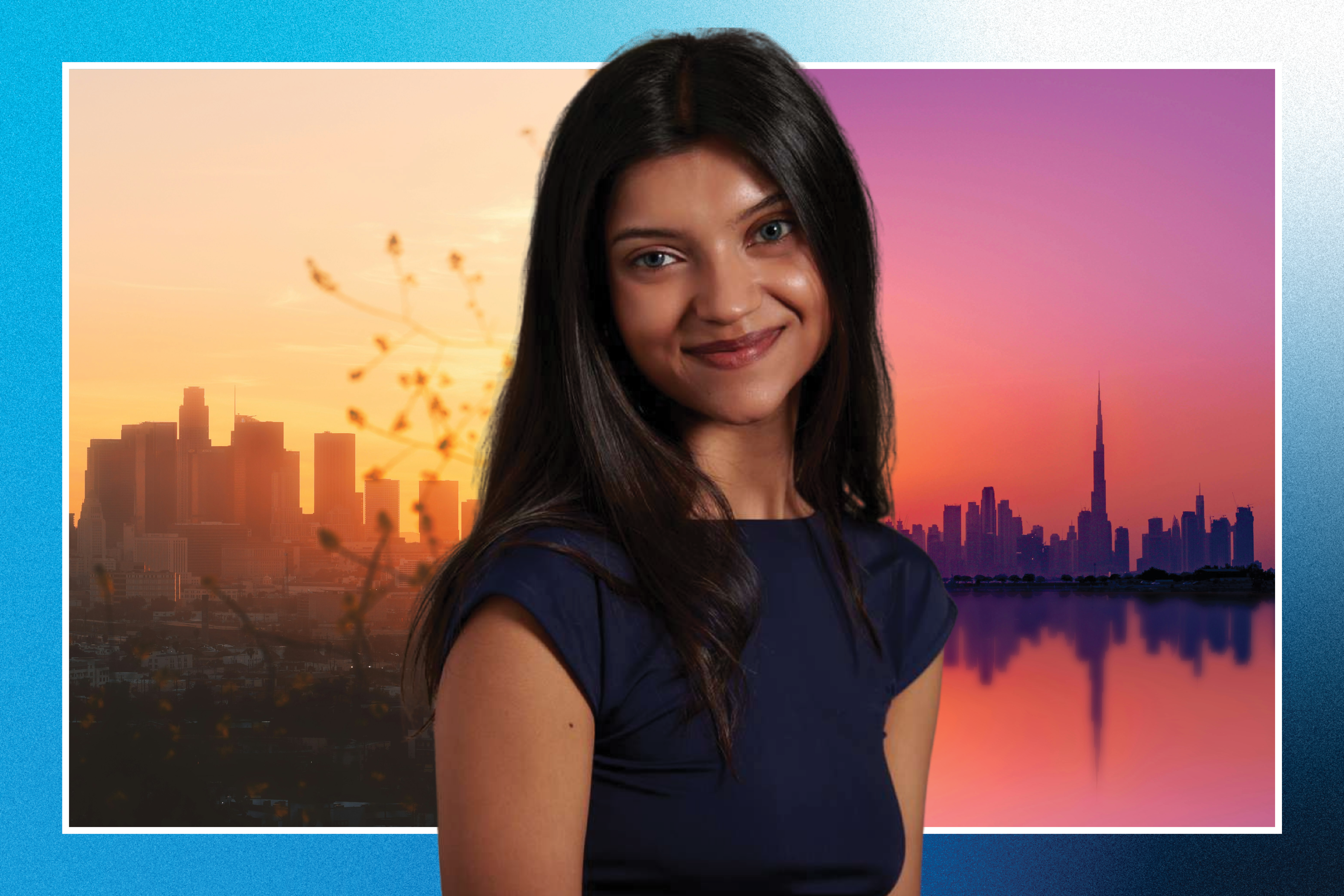 Composite image with student Keya Tanna in front of split-shot city silhouettes of LA and Dubai