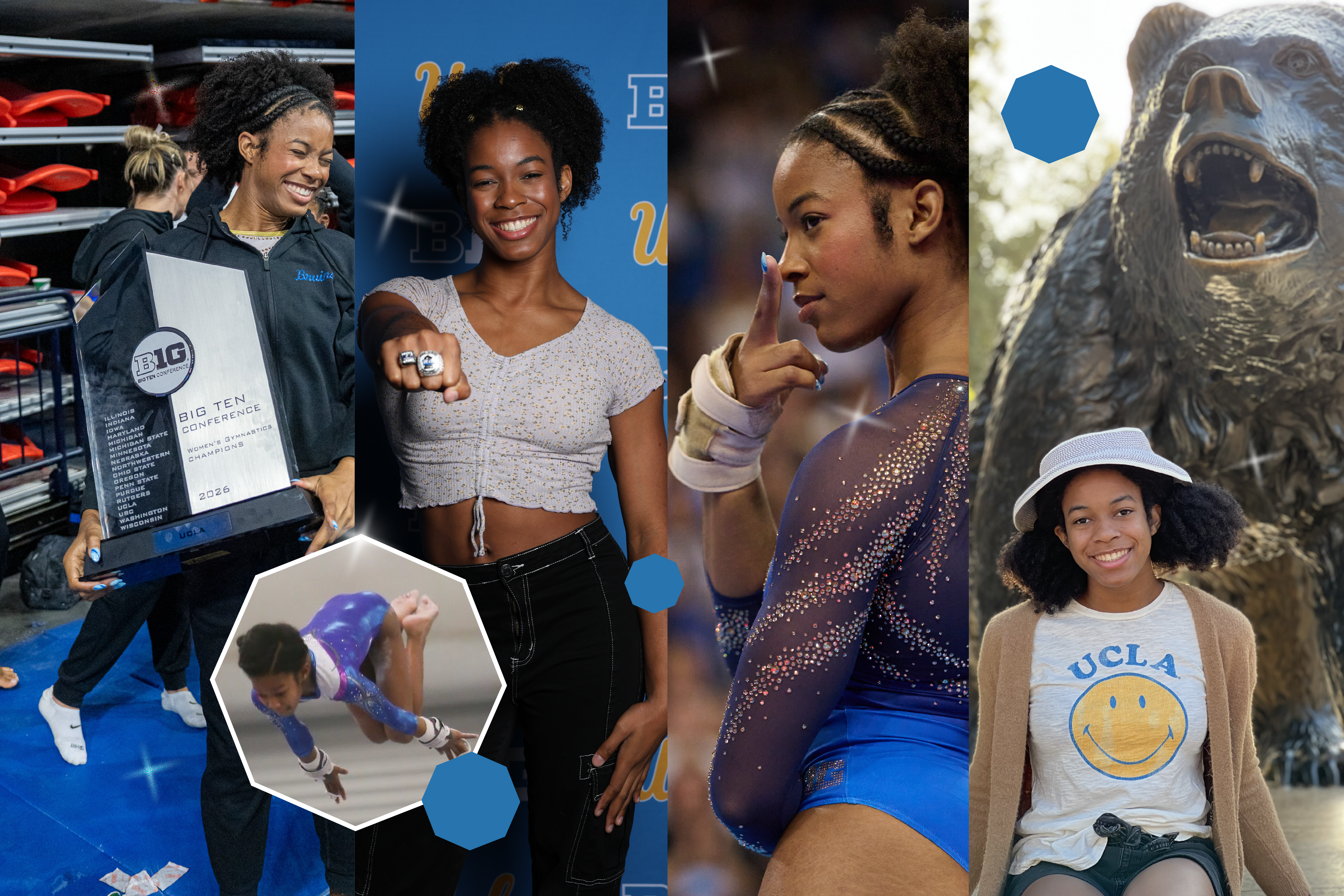 Collage of gymnast Madisyn Anyimi celebrating championships, posing with rings, competing in a sparkling blue leotard, and smiling while wearing UCLA apparel beside a large bear statue.