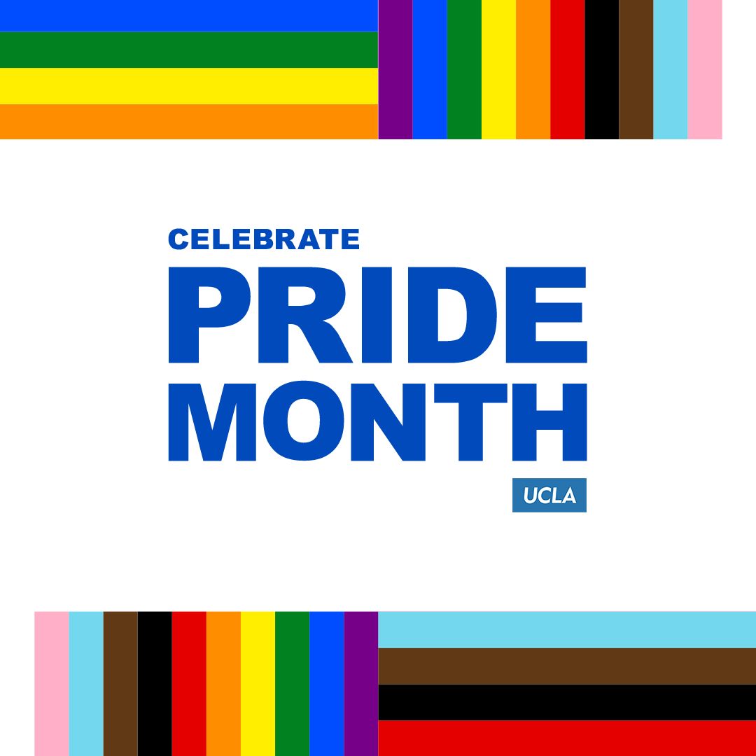 Celebrate Pride Month UCLA logo in blue letters and white background with striped rainbow border