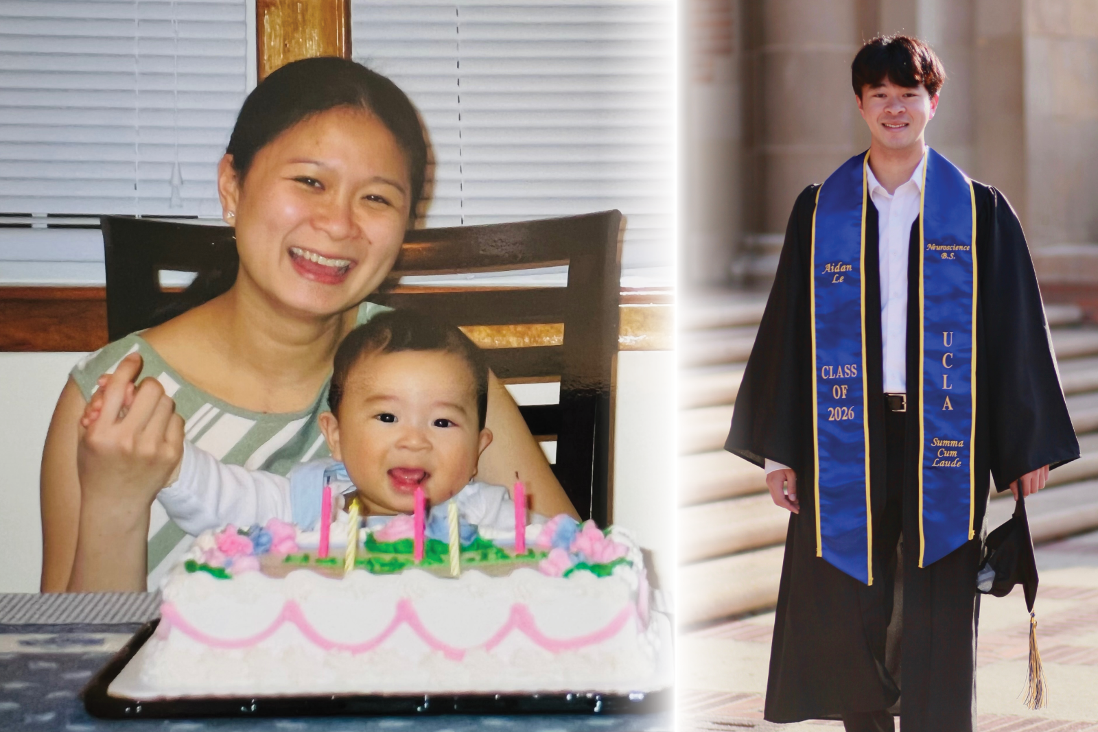 Split image on left shows Aidan Le as a baby with his mother and on right Le in black graduation robe with blue UCLA stole