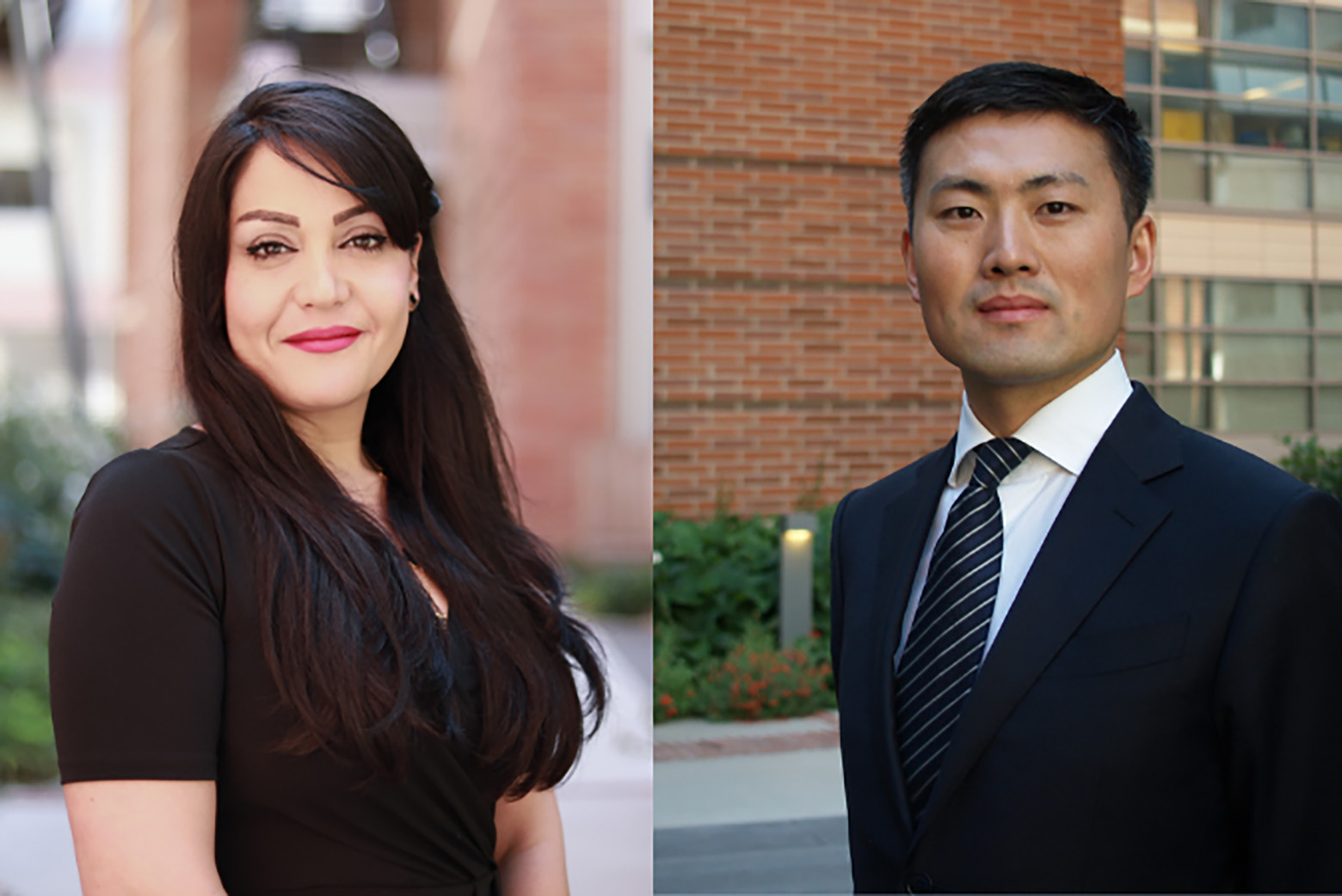 Composite of midrange photos of Nasim Annabi in black top, left, and Jun Chen in dark blue suit and striped tie