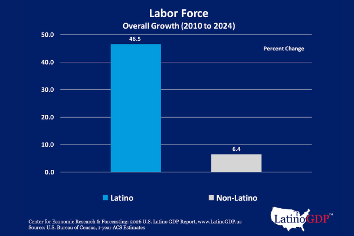 Blue and gray bar graph showing Latino and non-Latino labor force overall growth from 2010 to 2024. 