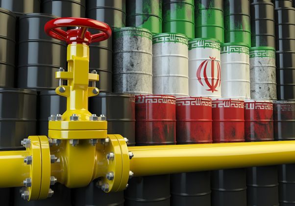 Oil pipe line valve in front of the Iranian-marked oil barrels. Iranian gas and oil fuel energy concept; 3D illustration