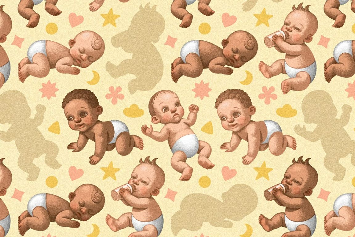 Illustration showing babies in different developmental stages, including crawling, sleeping and bottle-feeding, arranged in a repeating pattern on a pastel background.