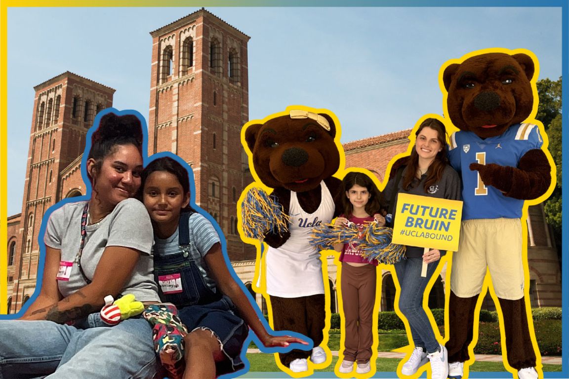 Cutout images of Dejanay Wallace sitting with her daughter and Tahlia Disisto standing with Bruin bear mascots Josie and Joe in front of Royce Hall 