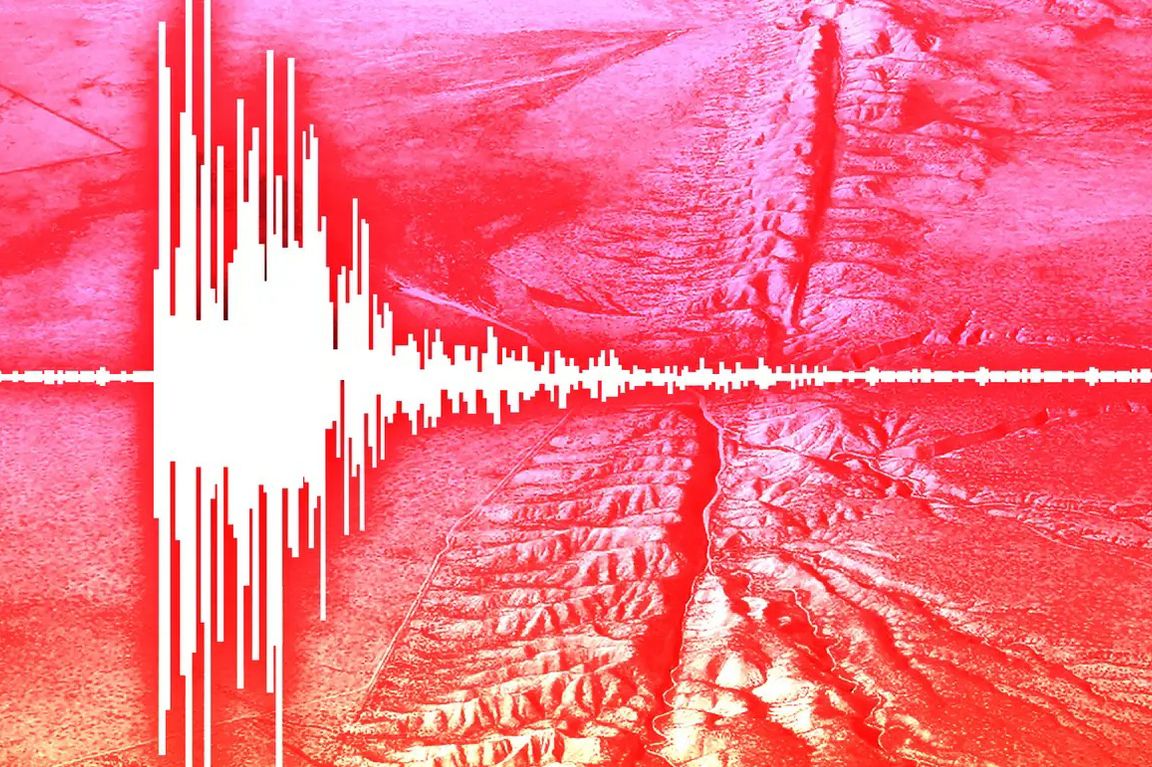 A stylized illustration combines an earthquake waveform with an aerial view of a fault line. The image is tinted red and white, with a large seismic signal superimposed across the landscape to represent earthquake activity in California.