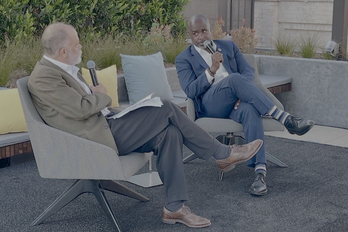 UCLA's Jim Newton interviews Los Angeles City Council President Marqueece Harris-Dawson on the rooftop of UCLA Downtown during Blueprint magazine's 10th anniversary conversation on civic issues.