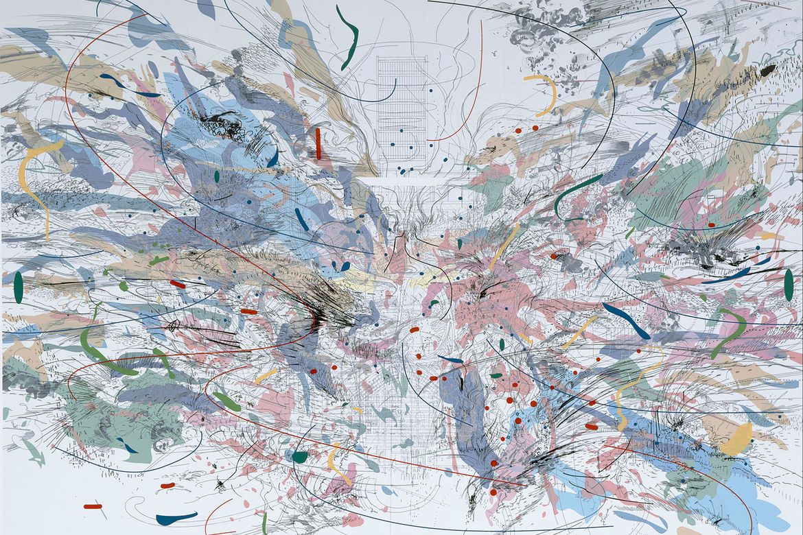 Abstract artwork with layered pastel washes, sweeping black and red lines, scattered colorful marks, and intricate sketch-like textures, creating a dynamic, energetic composition without recognizable subjects.