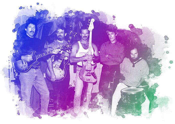 Decorative watercolor-style image of five band members posing with guitars and a drum, framed by purple and green abstract paint splashes over a vintage black-and-white photo.