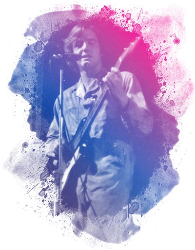Black-and-white photo of guitarist Mark Leviton singing into a microphone onstage, framed by a blue and pink paint-splatter graphic with a soft, vintage-style appearance.